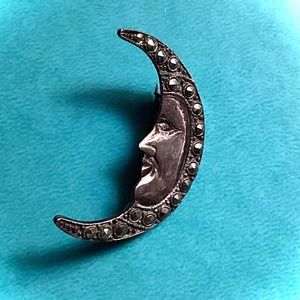 Rare Vintage Brooch Pin Sterling Silver Etch Face Crescent Moon Marcasite Stones